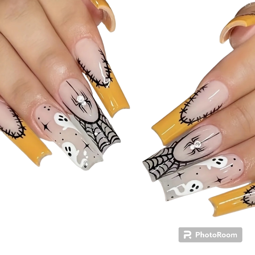 Halloween full cover false nails ghost and spider design